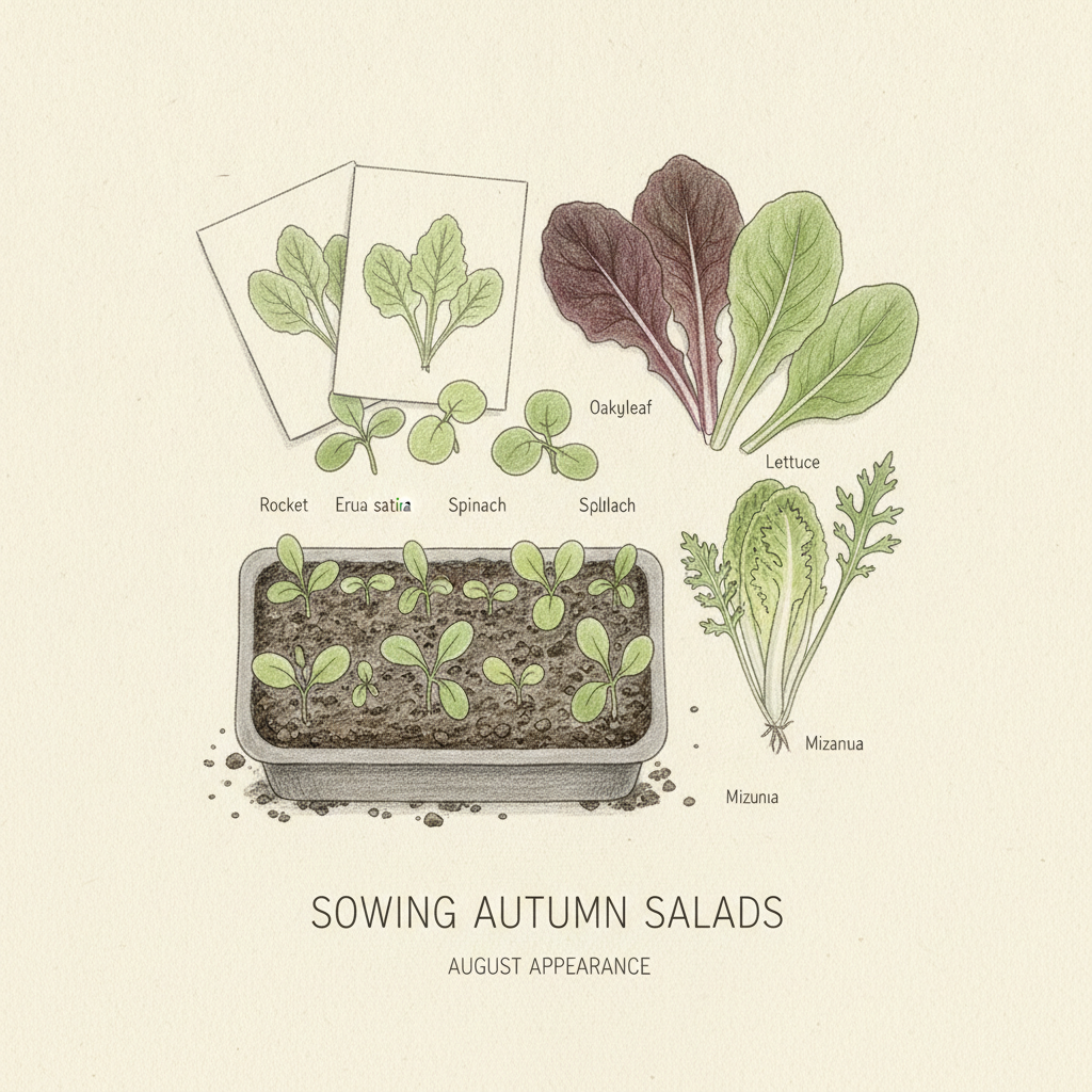 Botanical illustration of late-summer salad leaves and seedlings