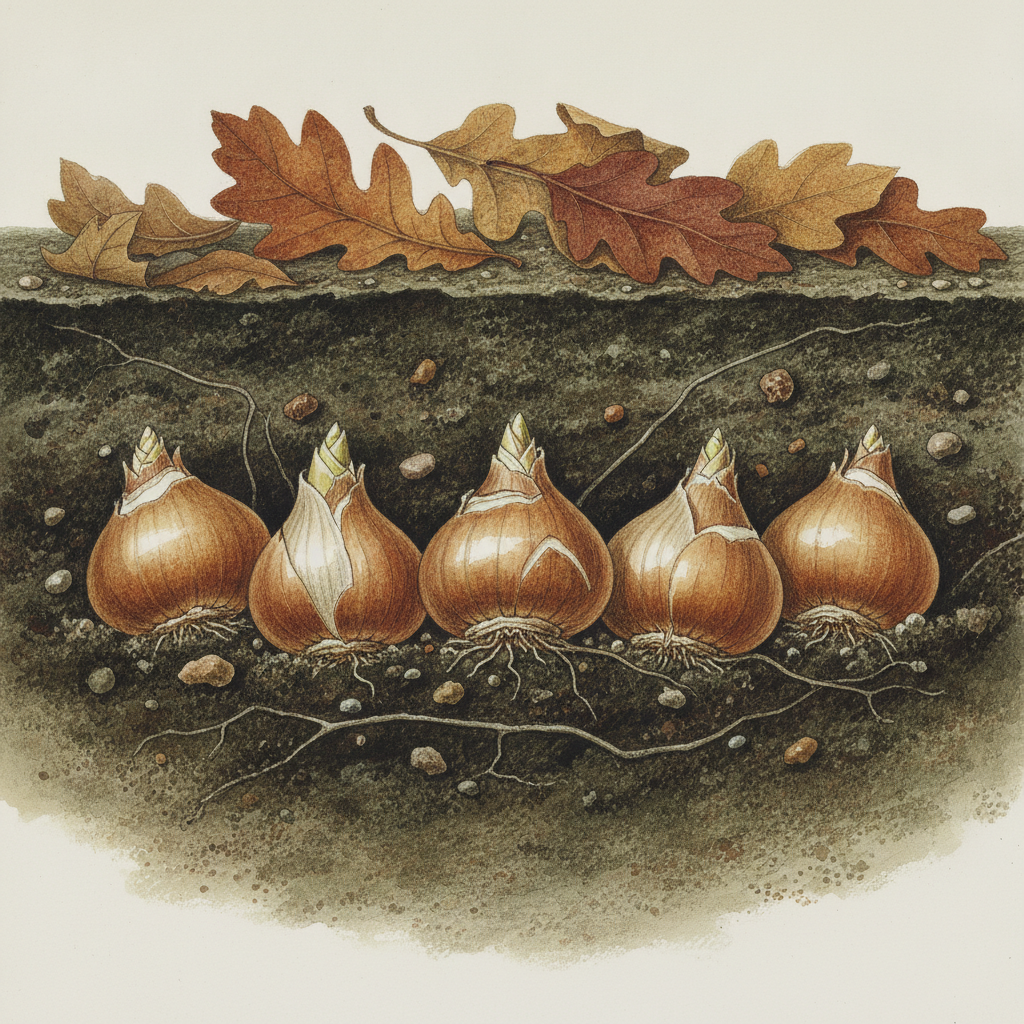 Botanical illustration of dormant tulip bulbs set into autumn soil at planting depth